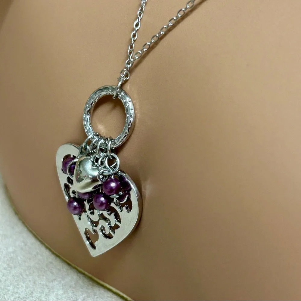 Long Silver and Purple Bead Accent Heart Pendant Necklace